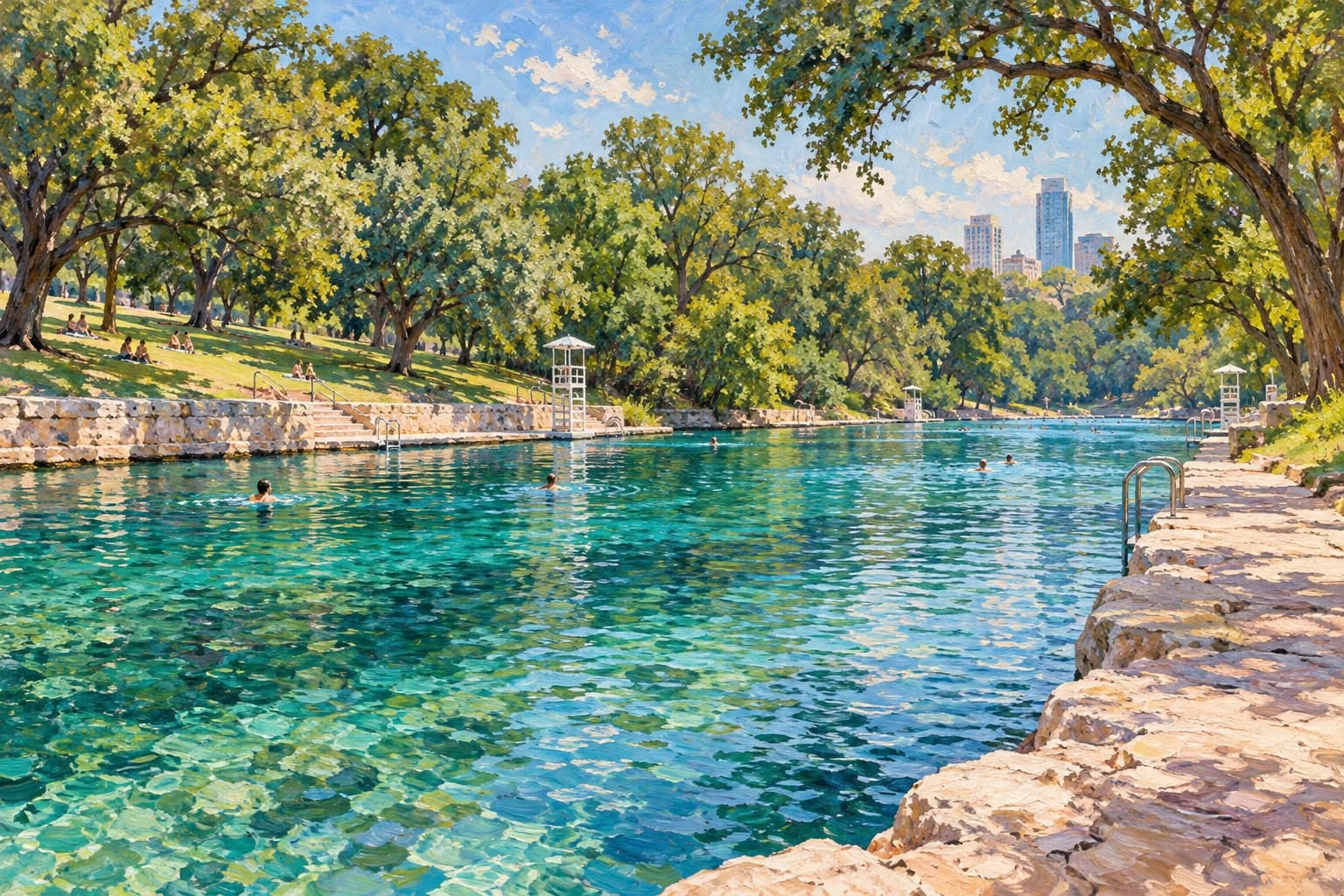 Studio painting inspired by Barton Springs with turquoise pool water, pale edges and leafy trees