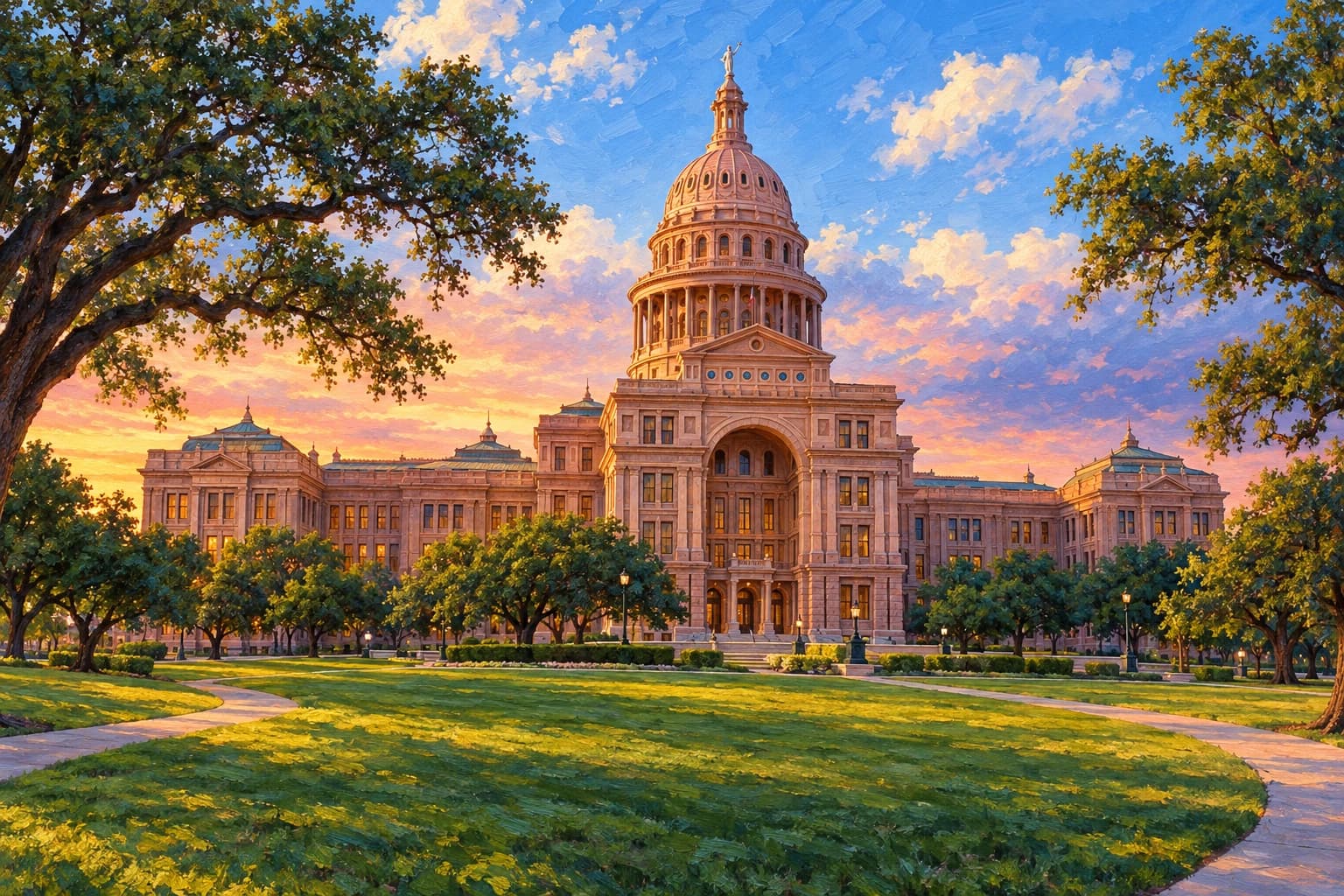 Studio painting of the pink Texas Capitol dome and wings beyond green lawn and trees
