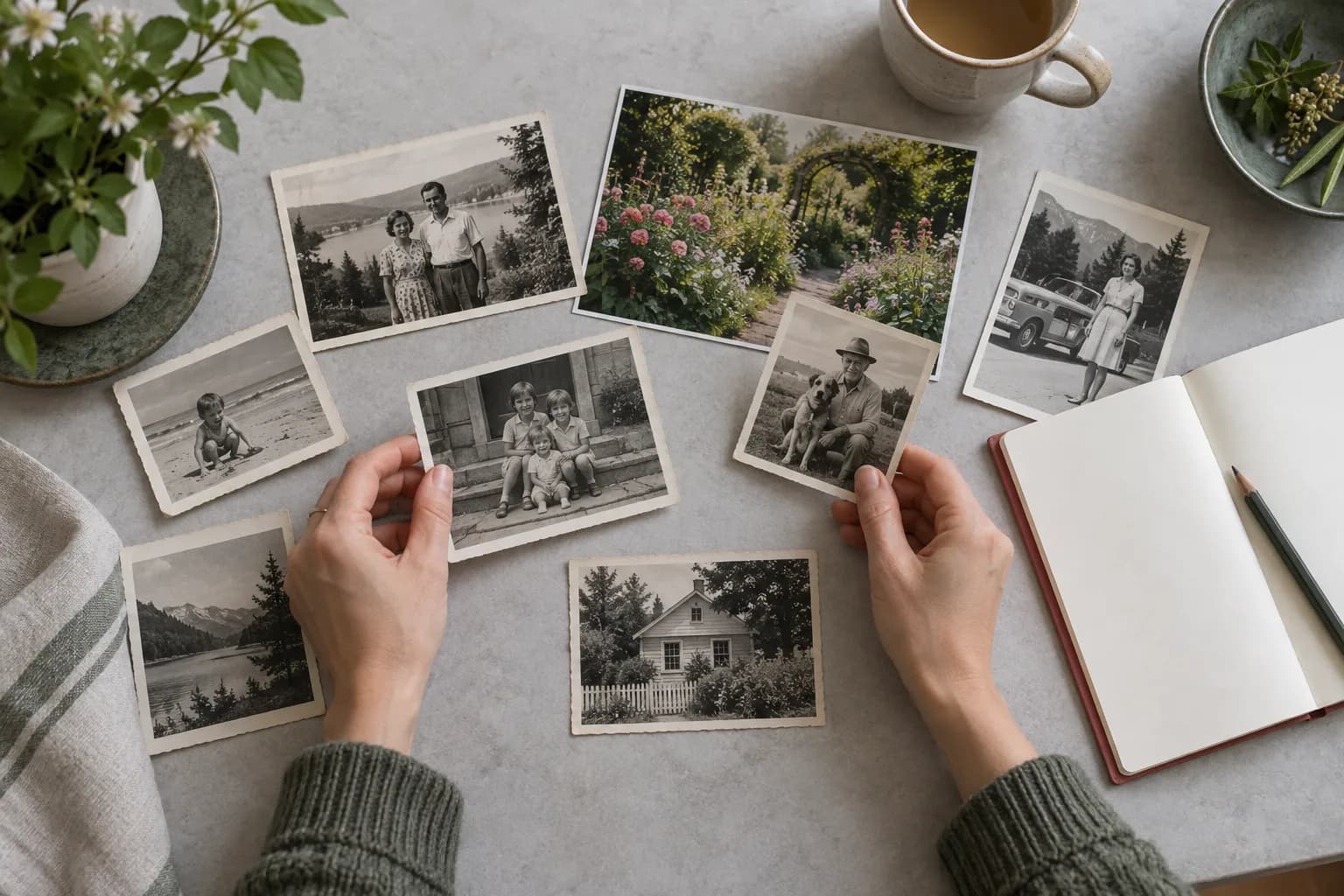 Hands arranging family photographs beside an open notebook.