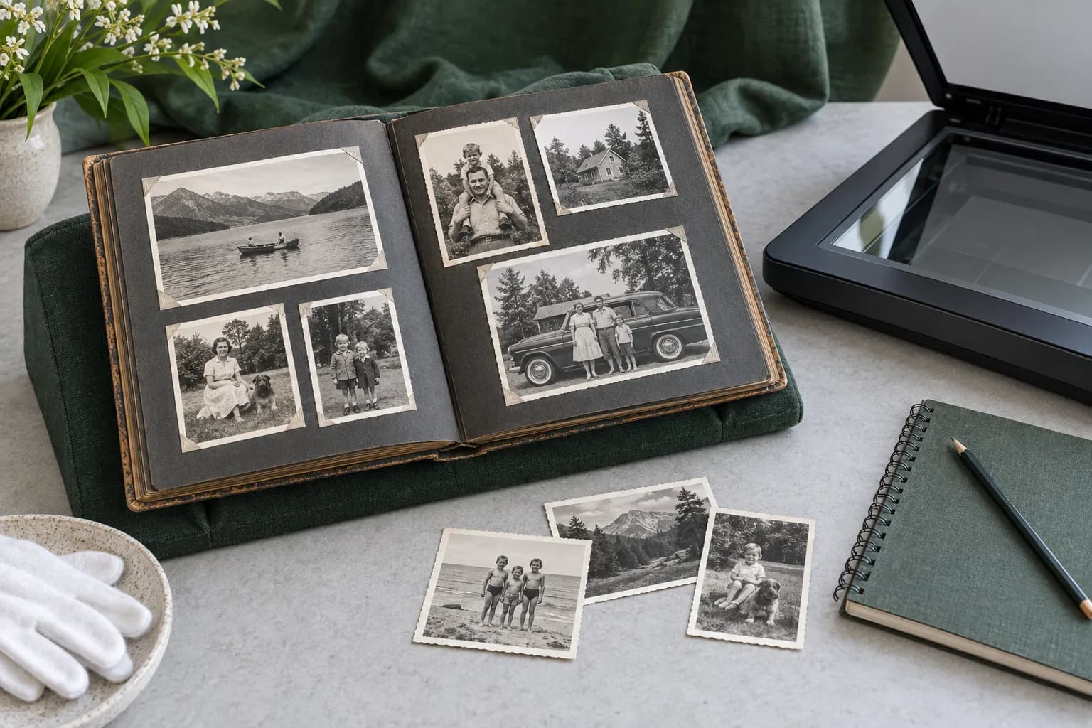 An open family album supported beside a scanner and loose photographs.