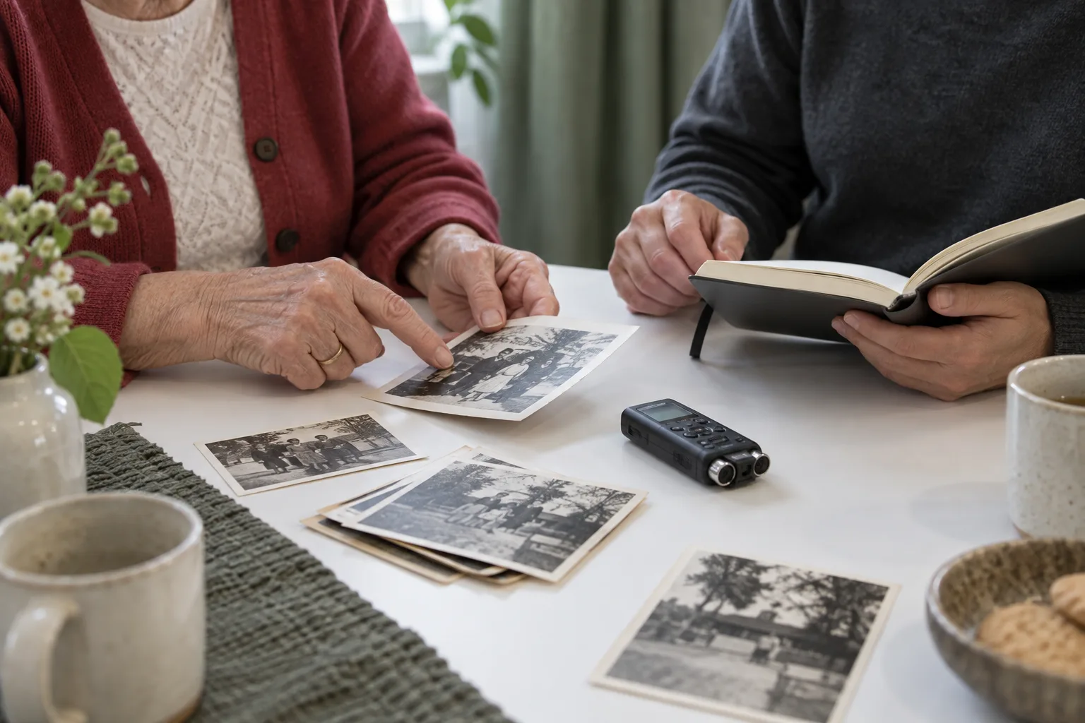 Two people discussing a photograph beside a notebook and audio recorder.
