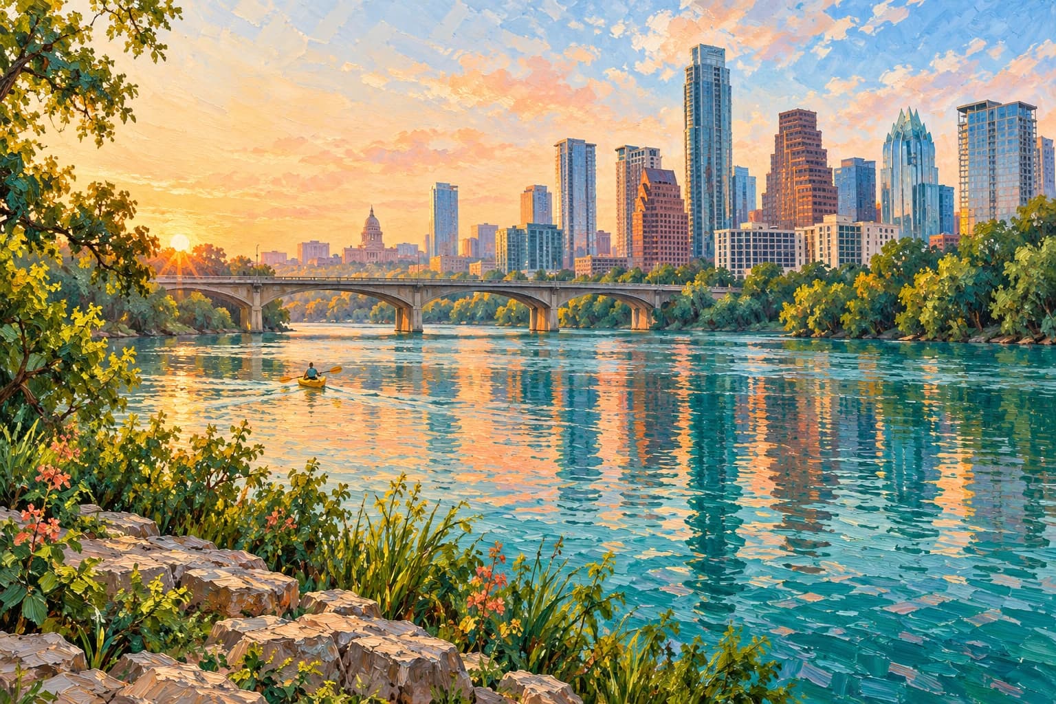 Original Austin-inspired painting of a city skyline, low bridge and yellow kayak reflected in turquoise water