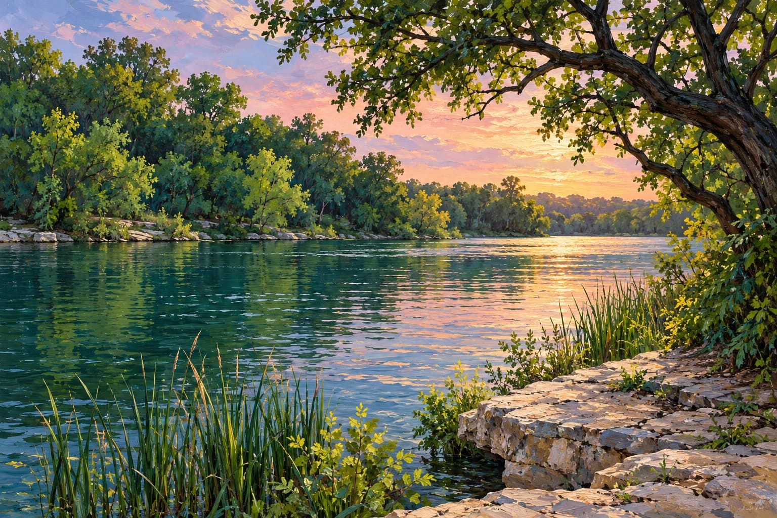 Original Austin-inspired painting of a leafy lakeshore, pale stone and warm evening reflections