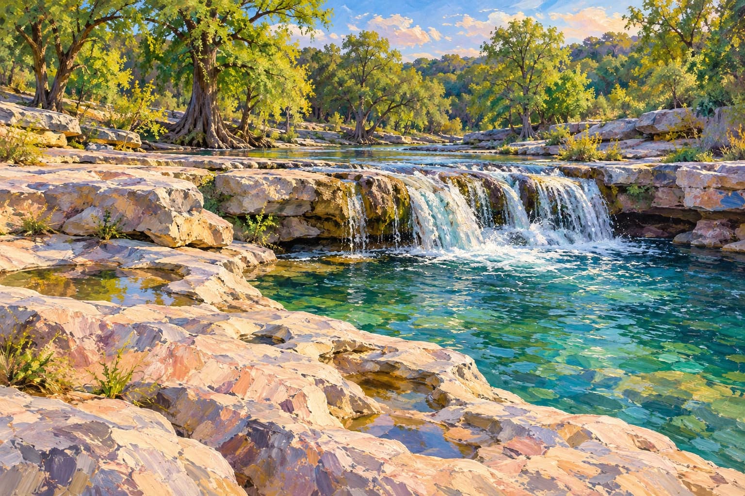 Studio painting inspired by McKinney Falls with a low cascade, limestone shelves and green creek water