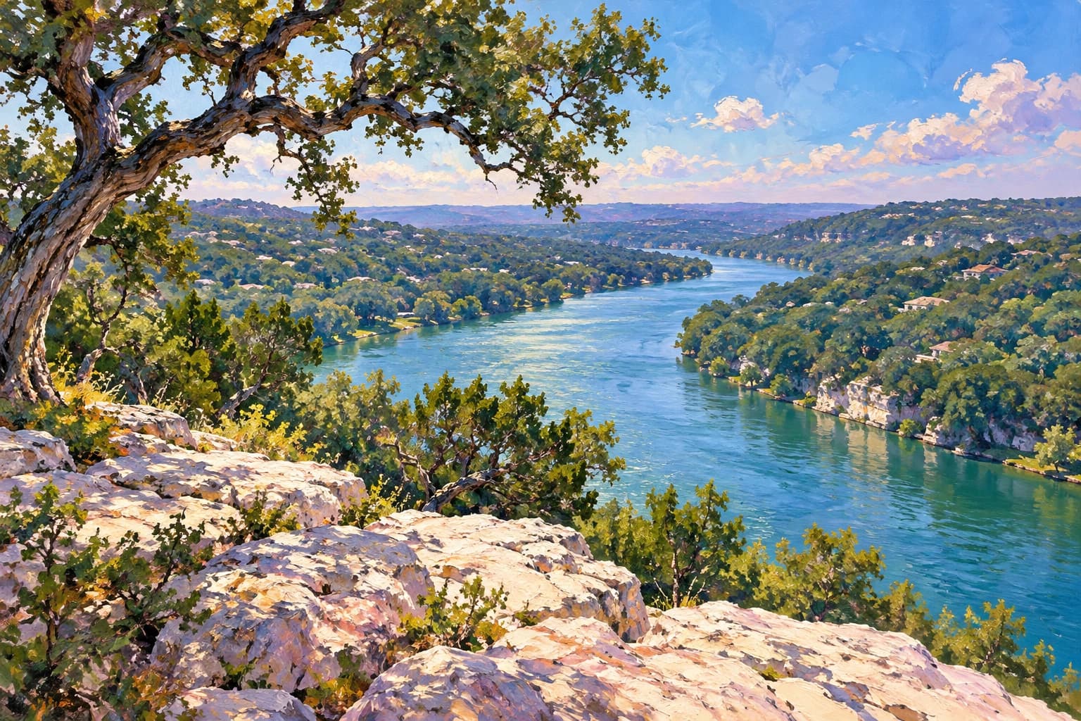 Studio painting inspired by Mount Bonnell with a winding blue river, wooded hills and limestone foreground